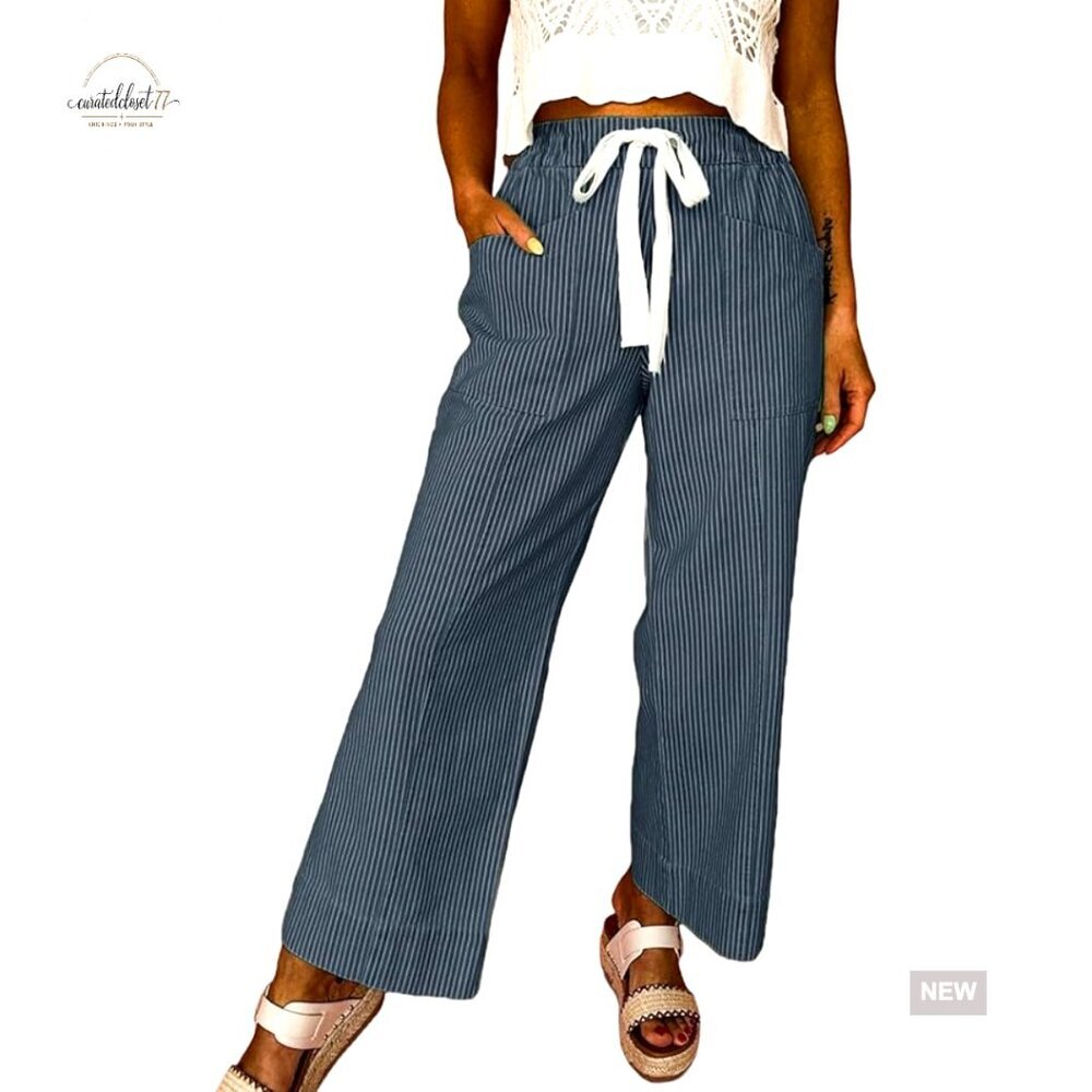 Elastic Waist Wide Leg Striped Pants, Soft Breathable Fabric, Casual Versatile